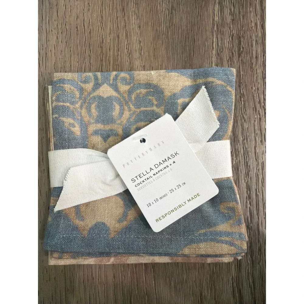 Pottery Barn Stella Damask Cocktail Napkins Set of 4 Floral Muted Tones 10x10